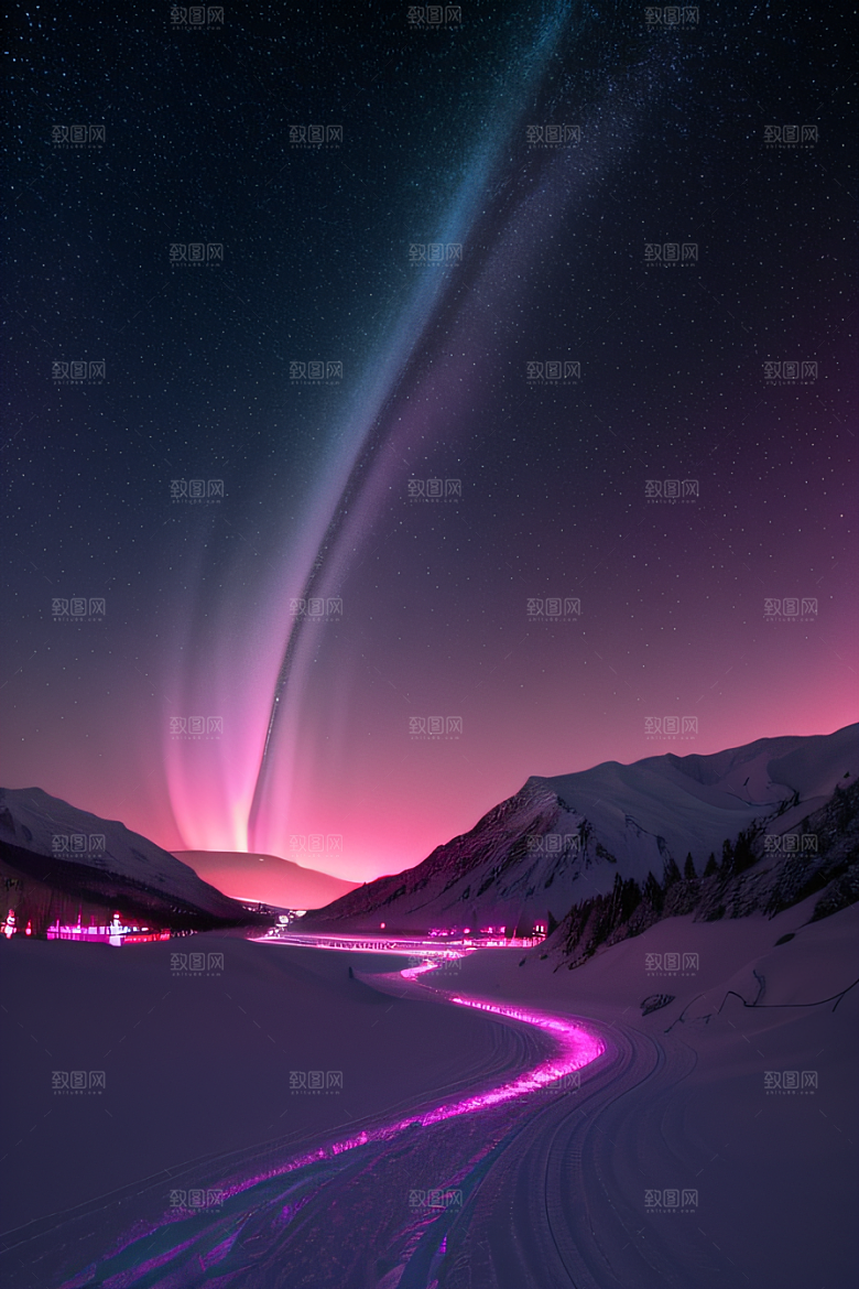 雪山下的粉色极光奇景