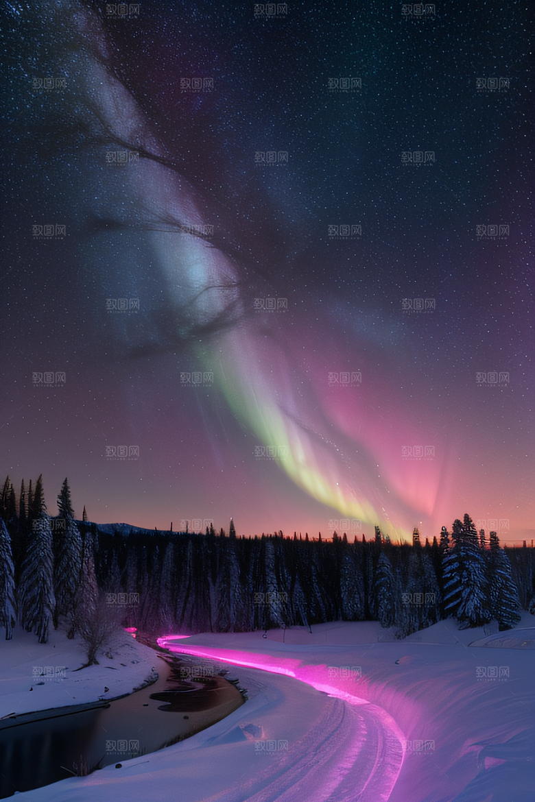 雪山下的粉色极光奇景