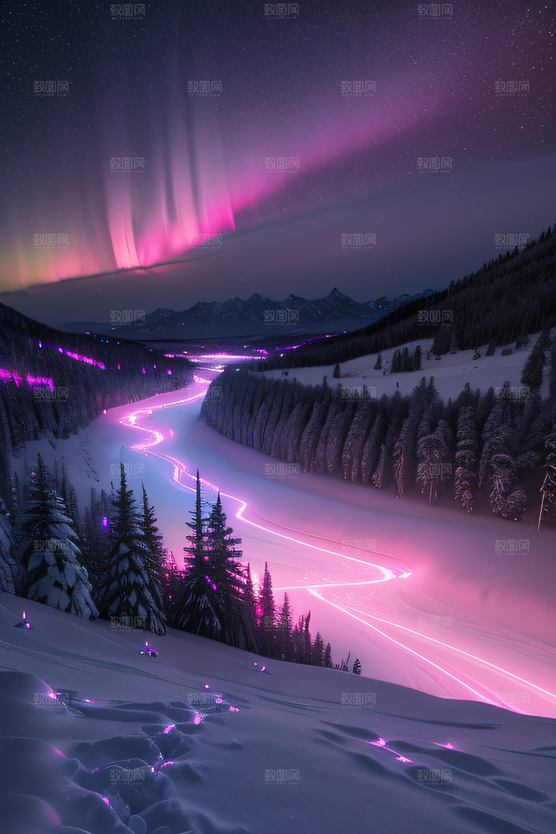 雪山下的粉色极光奇景