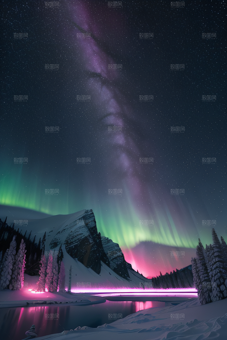 白雪与粉色极光的浪漫相遇