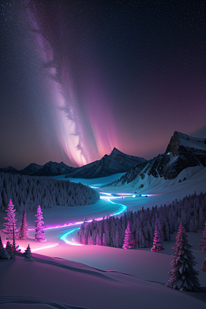 白雪与粉色极光的浪漫相遇