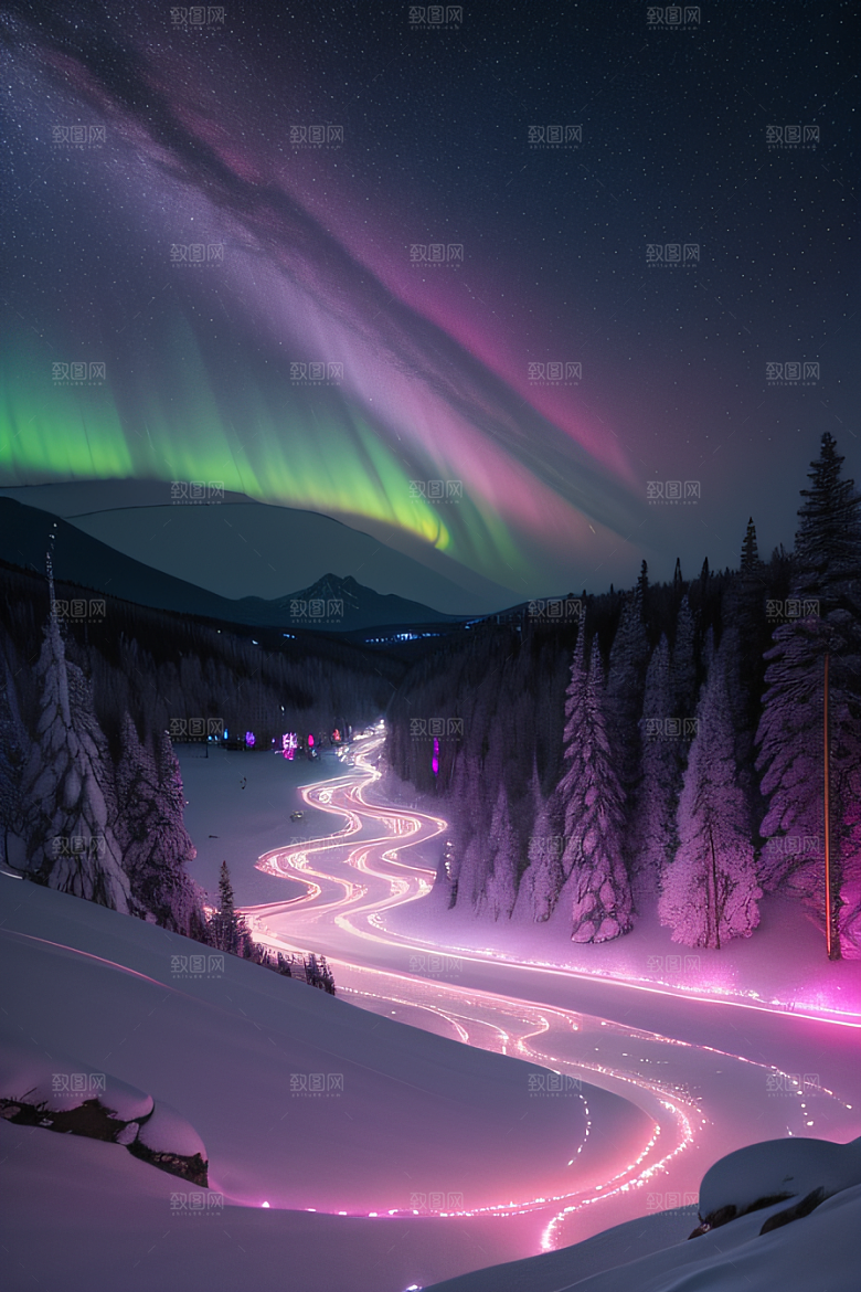 粉色极光在白雪中闪耀