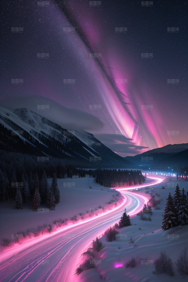 粉色极光在白雪中闪耀
