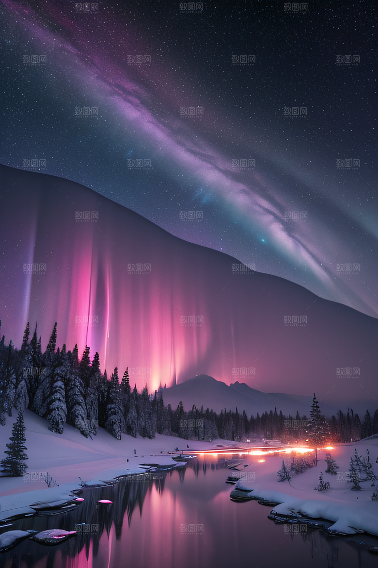 粉色极光在白雪中闪耀