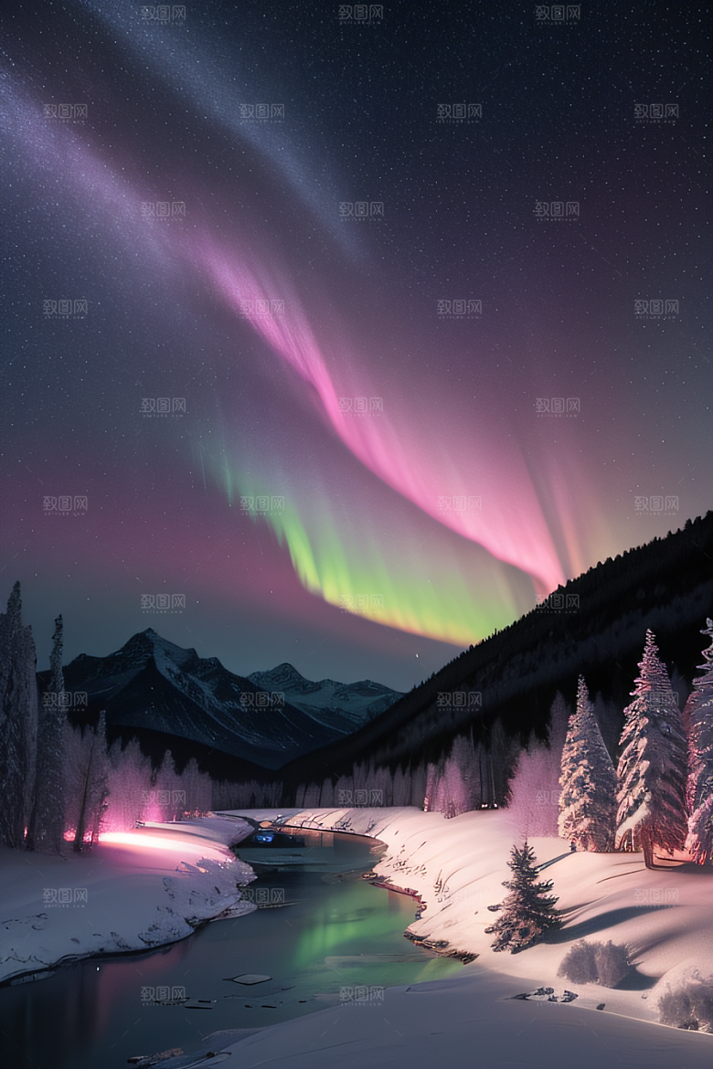 粉色极光在白雪中闪耀
