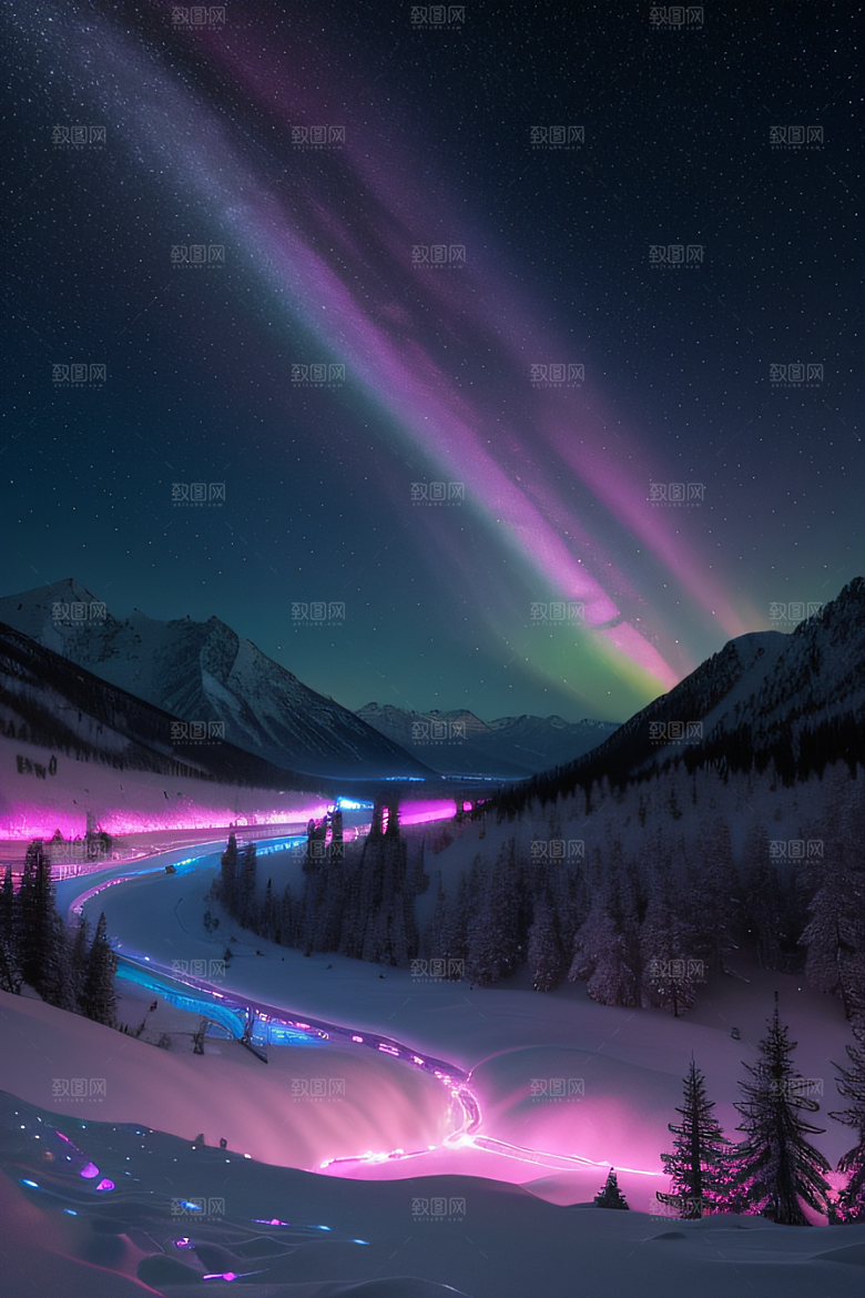 白雪飘扬中的奇幻极光