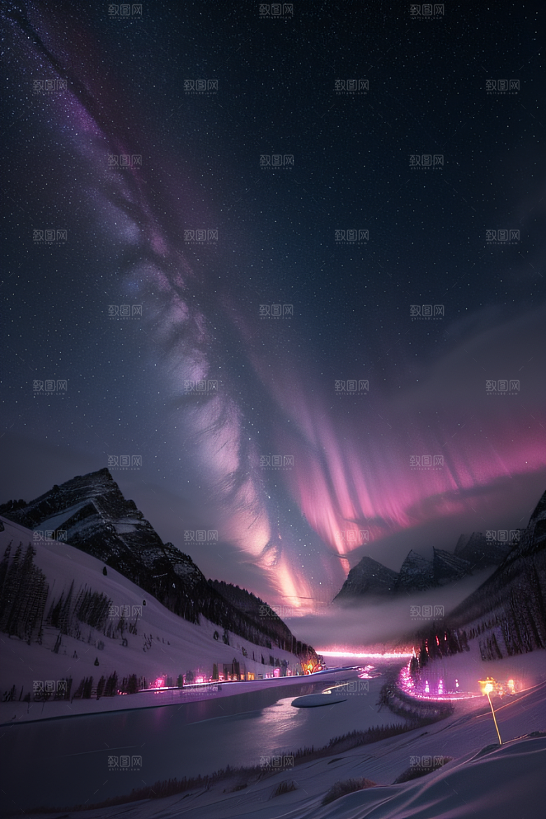白雪飘扬中的奇幻极光
