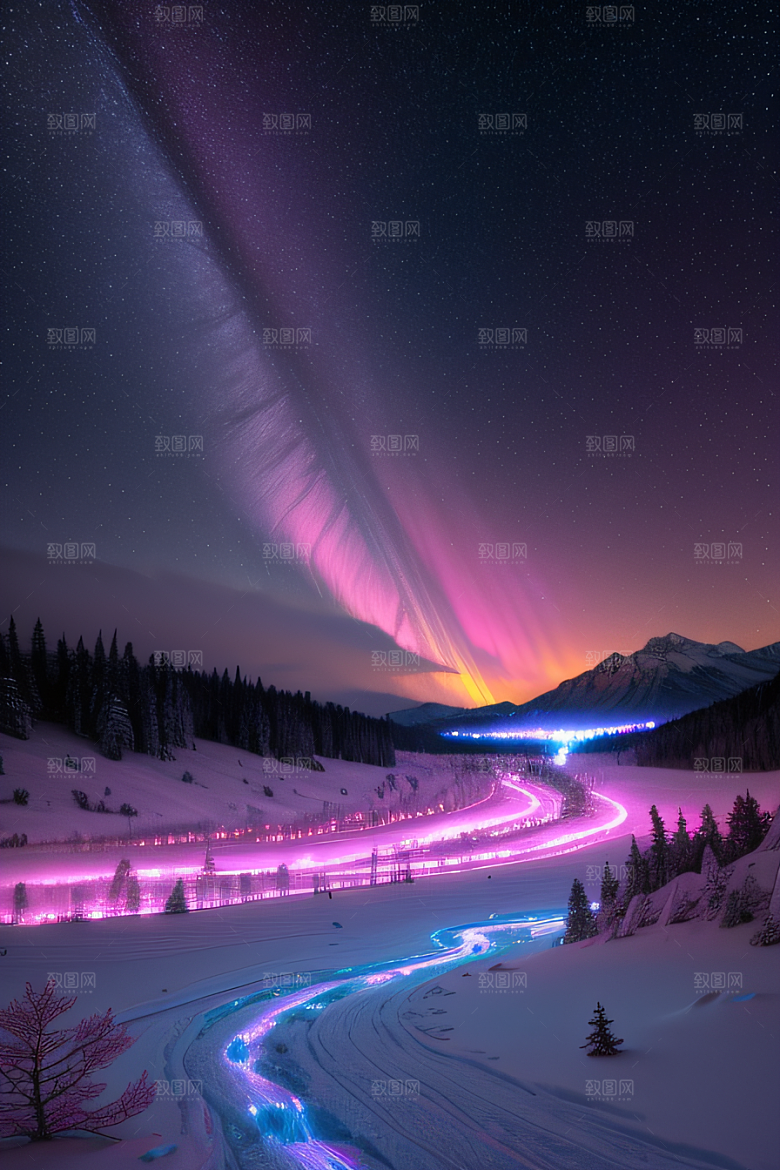 白雪飘扬中的奇幻极光