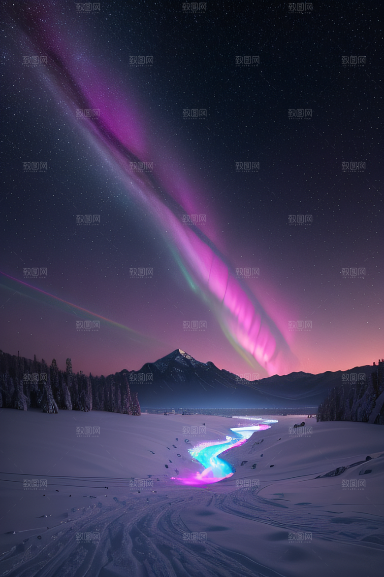 白雪飘扬中的奇幻极光