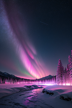 白雪飘扬中的奇幻极光