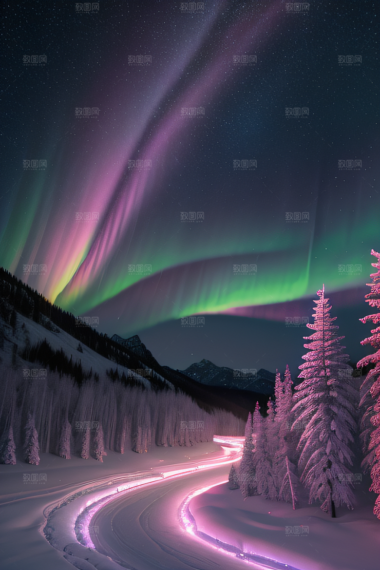 白雪飘扬中的奇幻极光