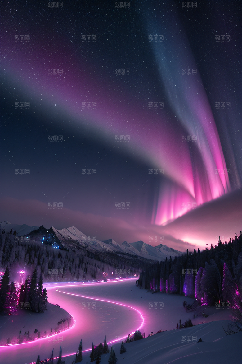 白雪中的粉色极光