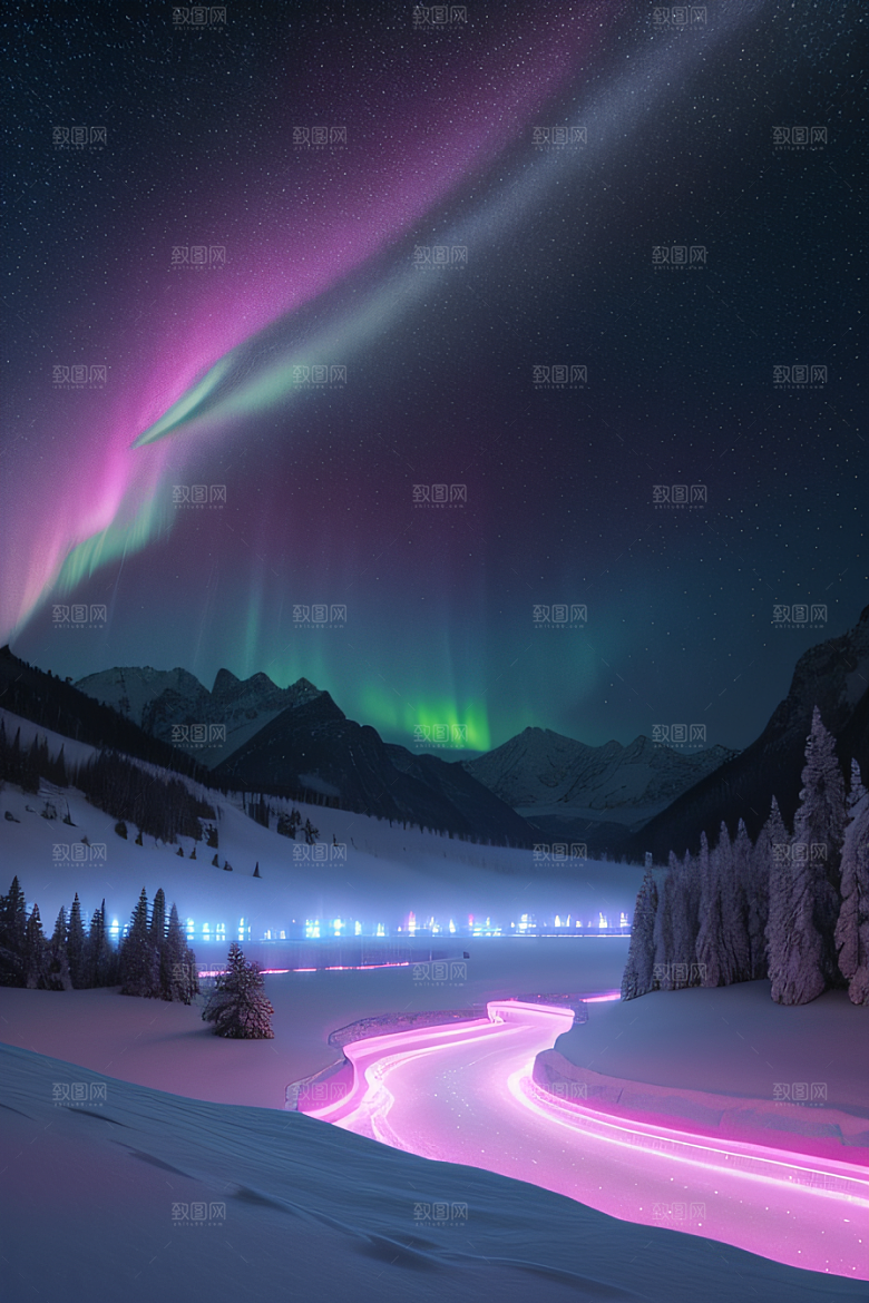 白雪中的粉色极光