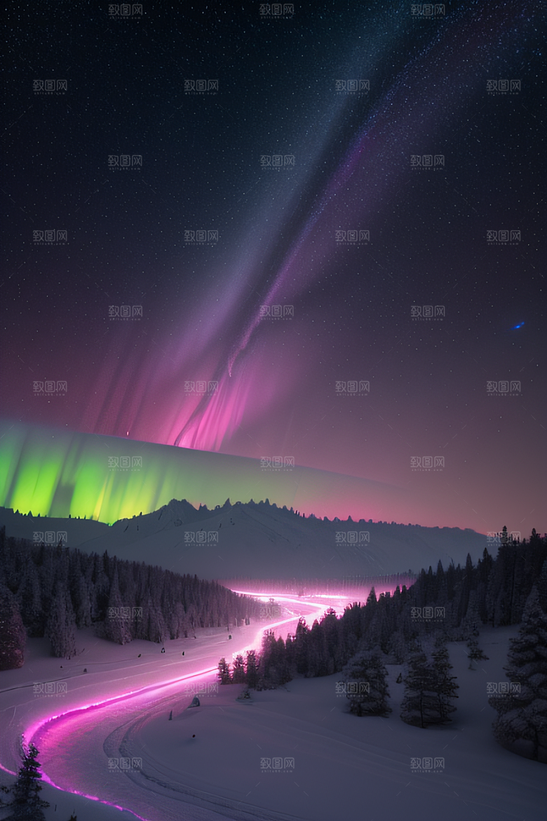 白雪中的粉色极光