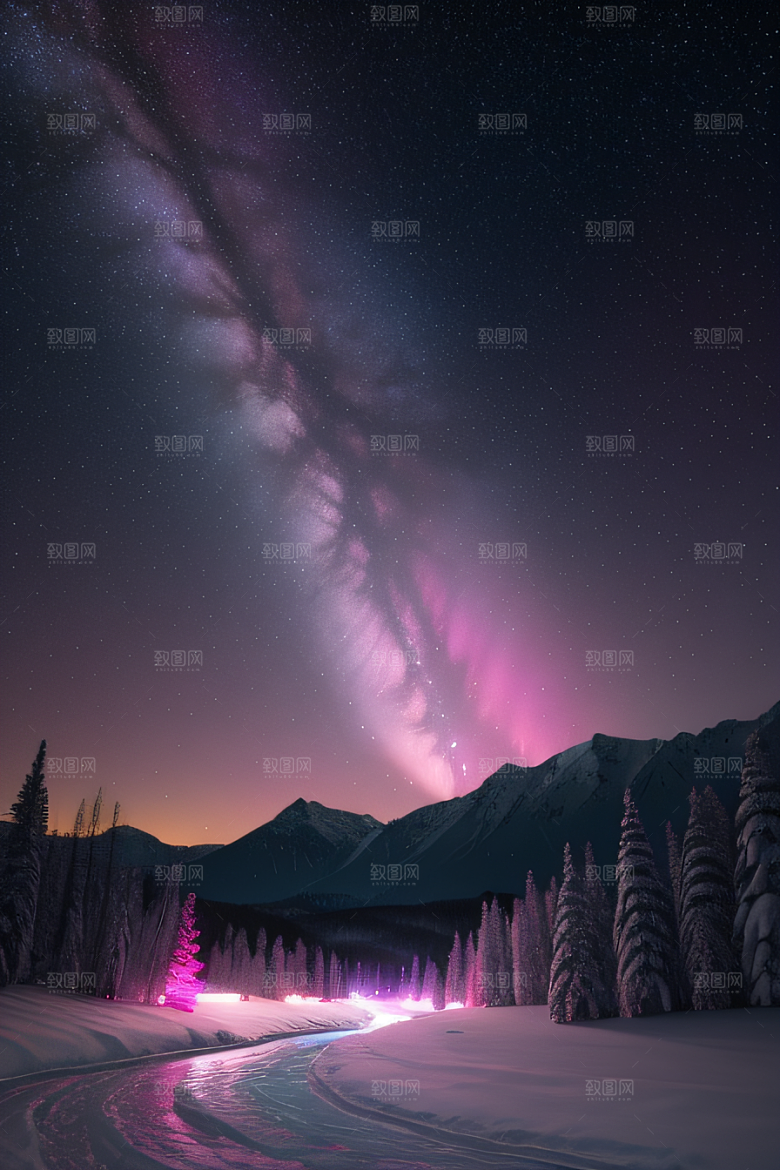 白雪中的粉色极光