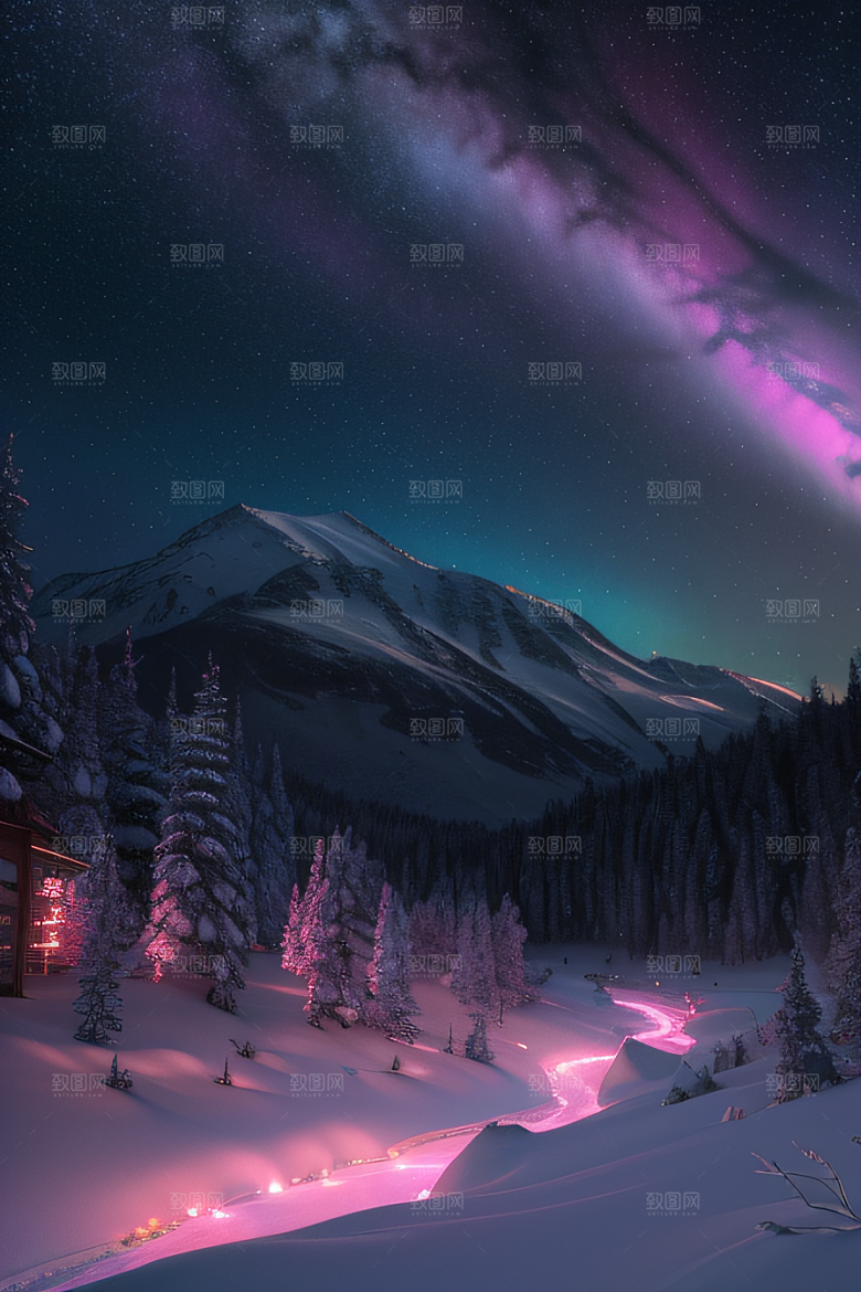 白雪中的粉色极光