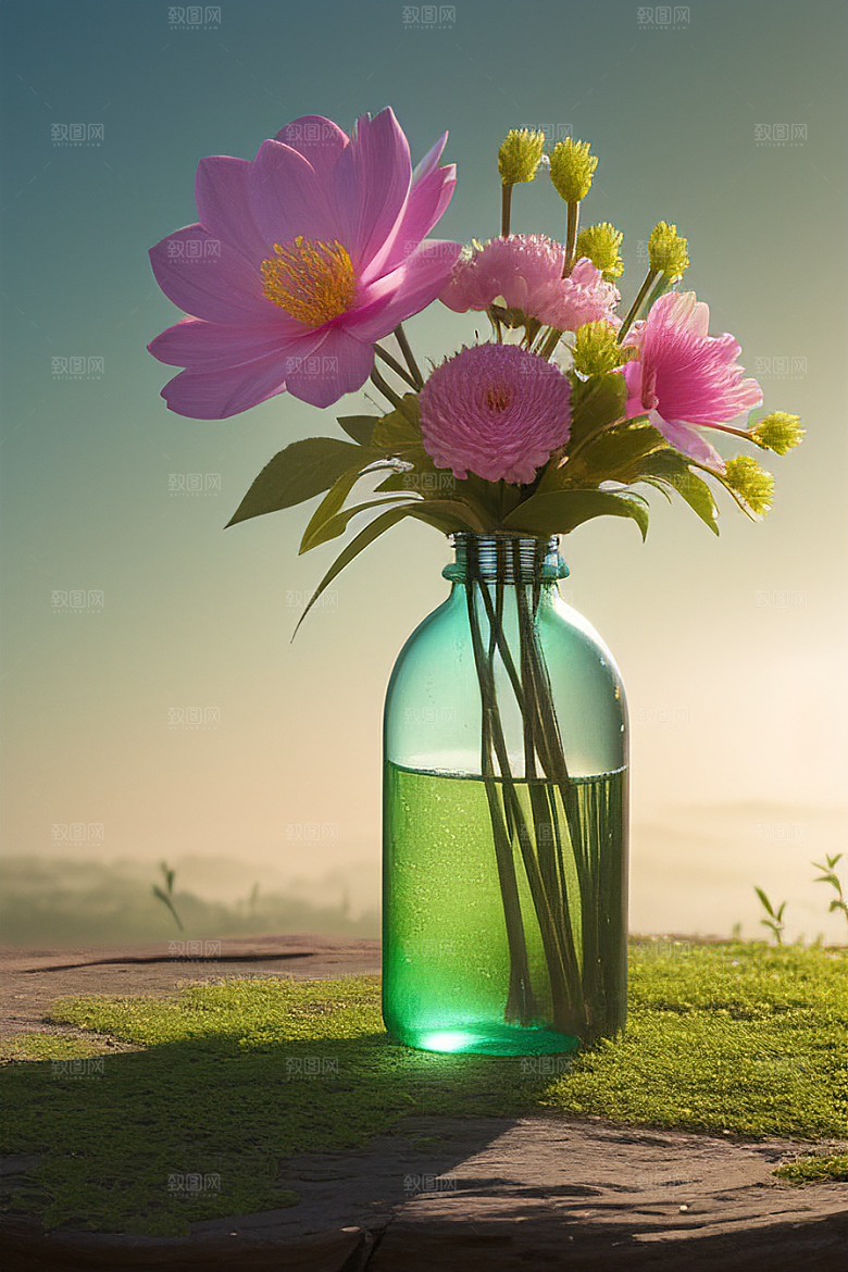 绿瓶插花自然的生命之美