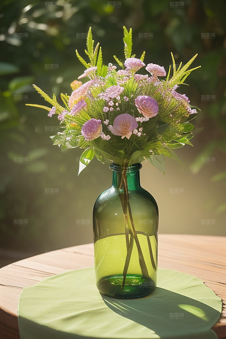 绿瓶插花自然与艺术的完美结合