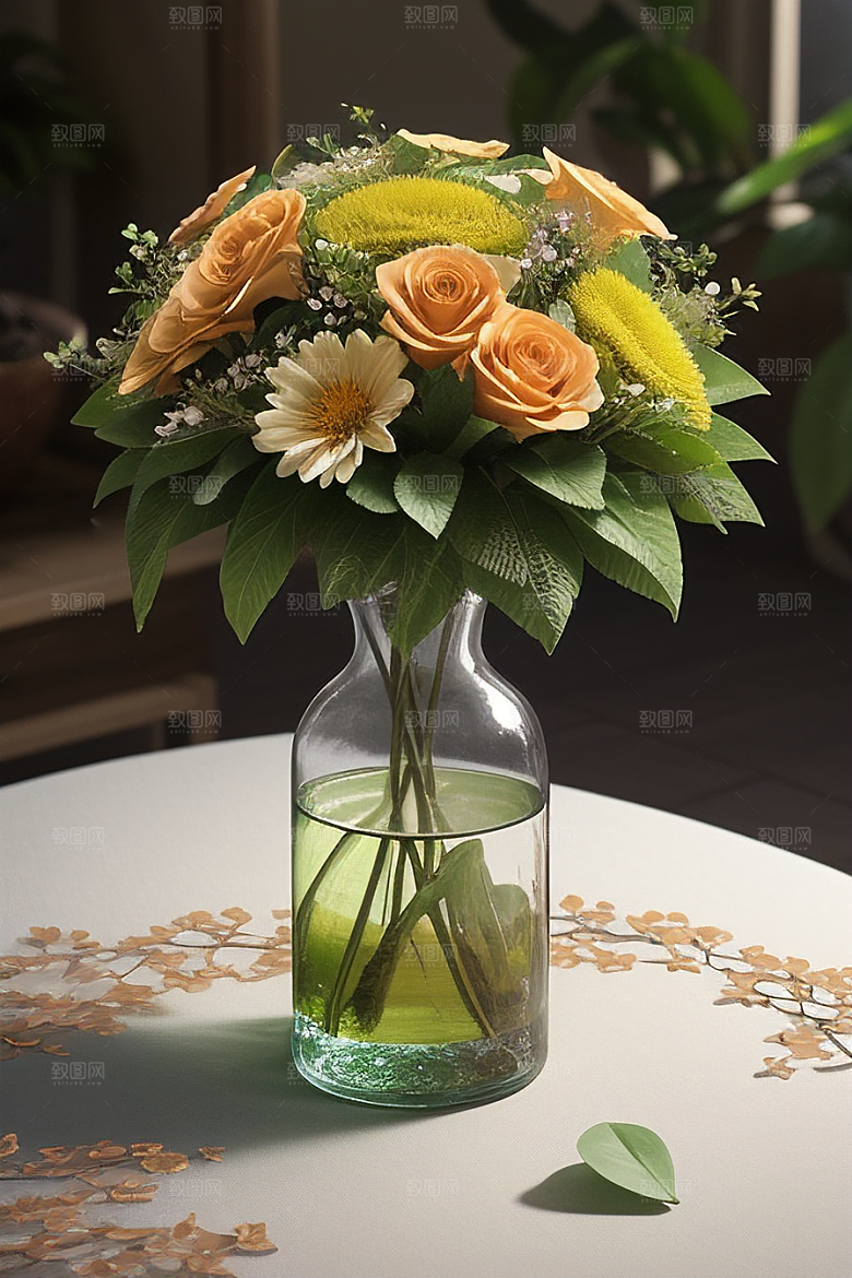 绿瓶插花的艺术之美