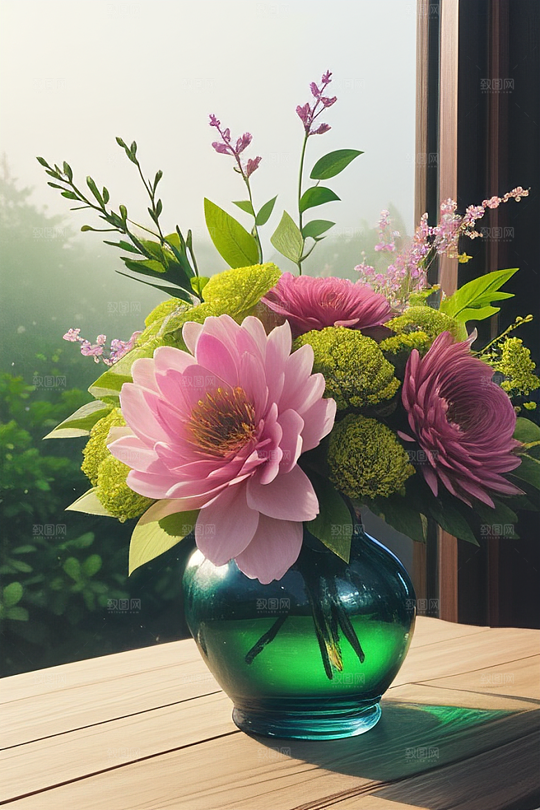 绿瓶插花大自然的精致呈现