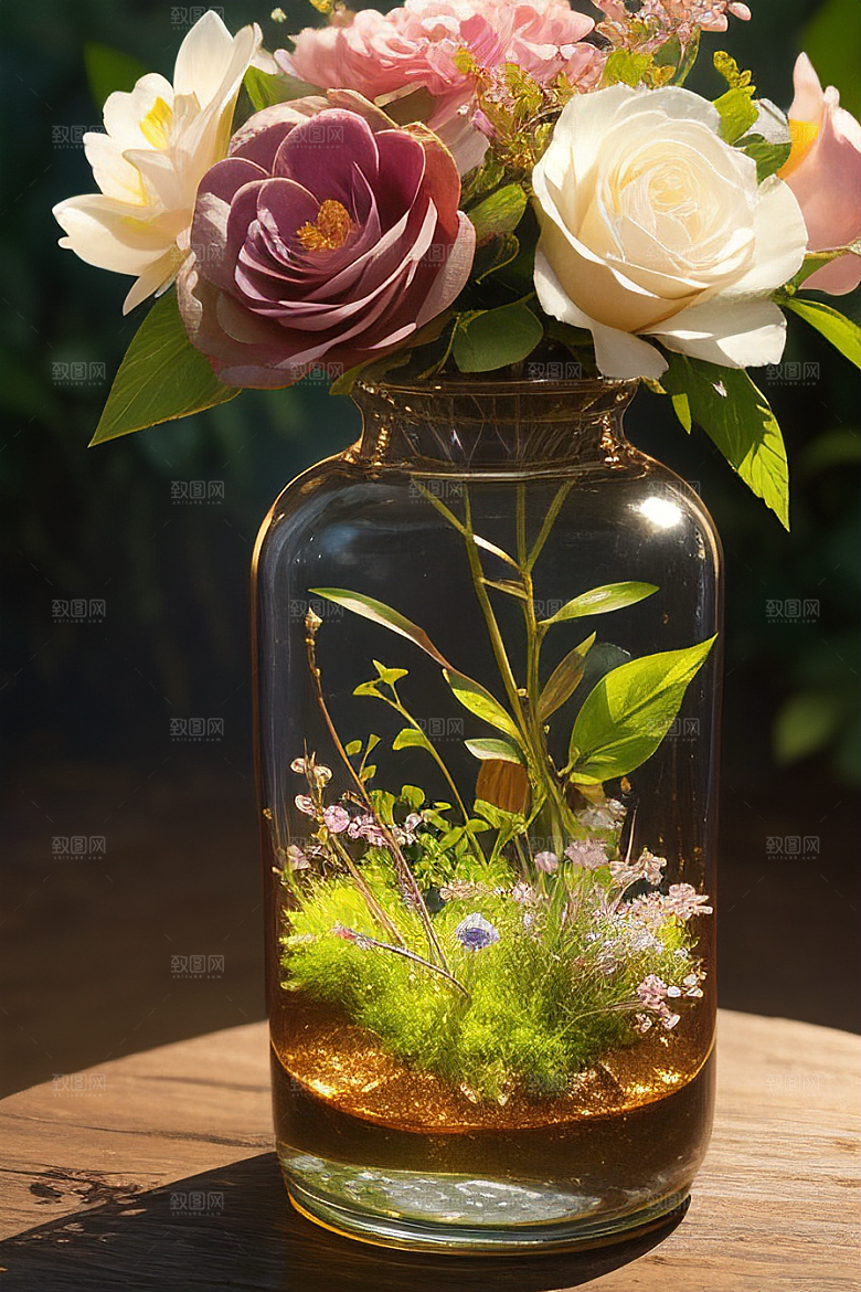 绿瓶插花大自然的精致呈现