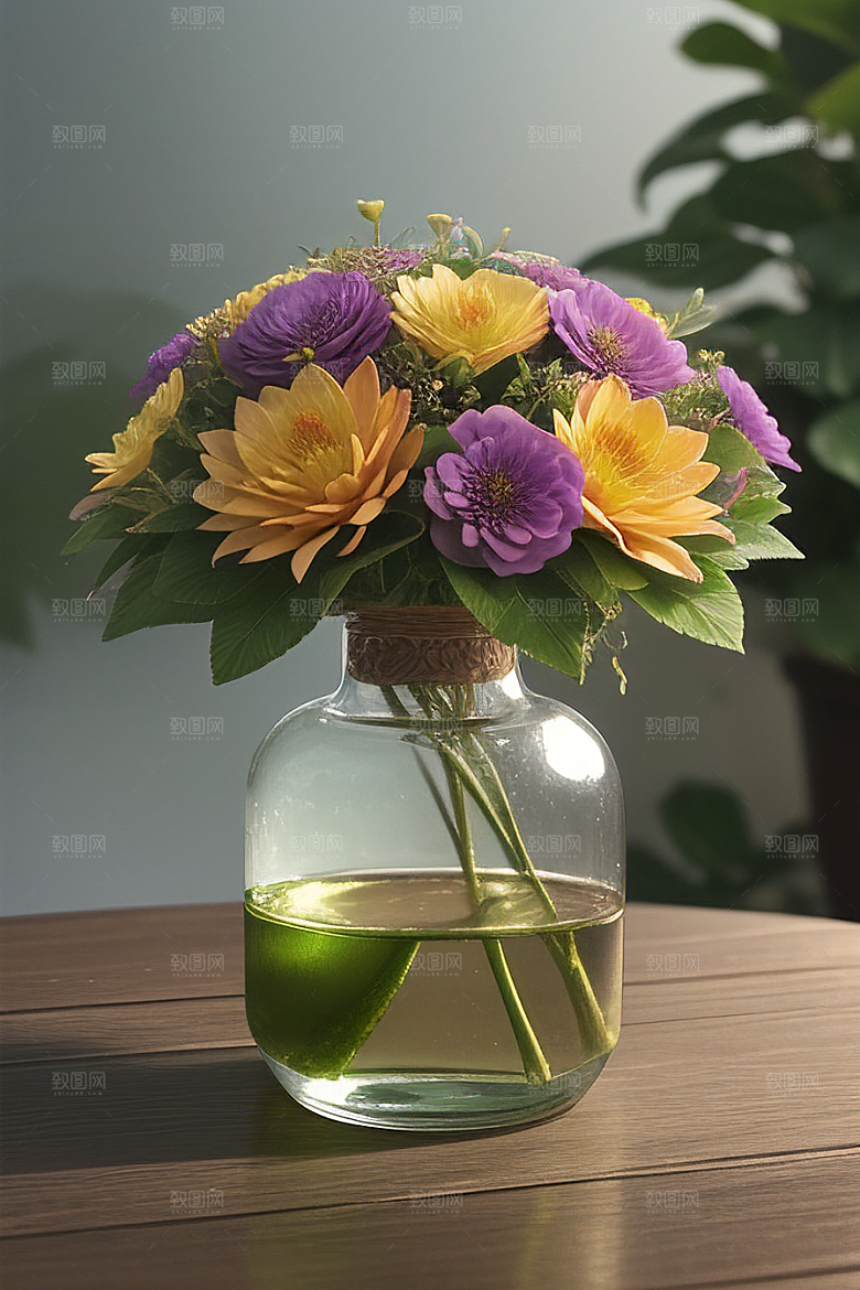绿瓶插花优雅自然的融合