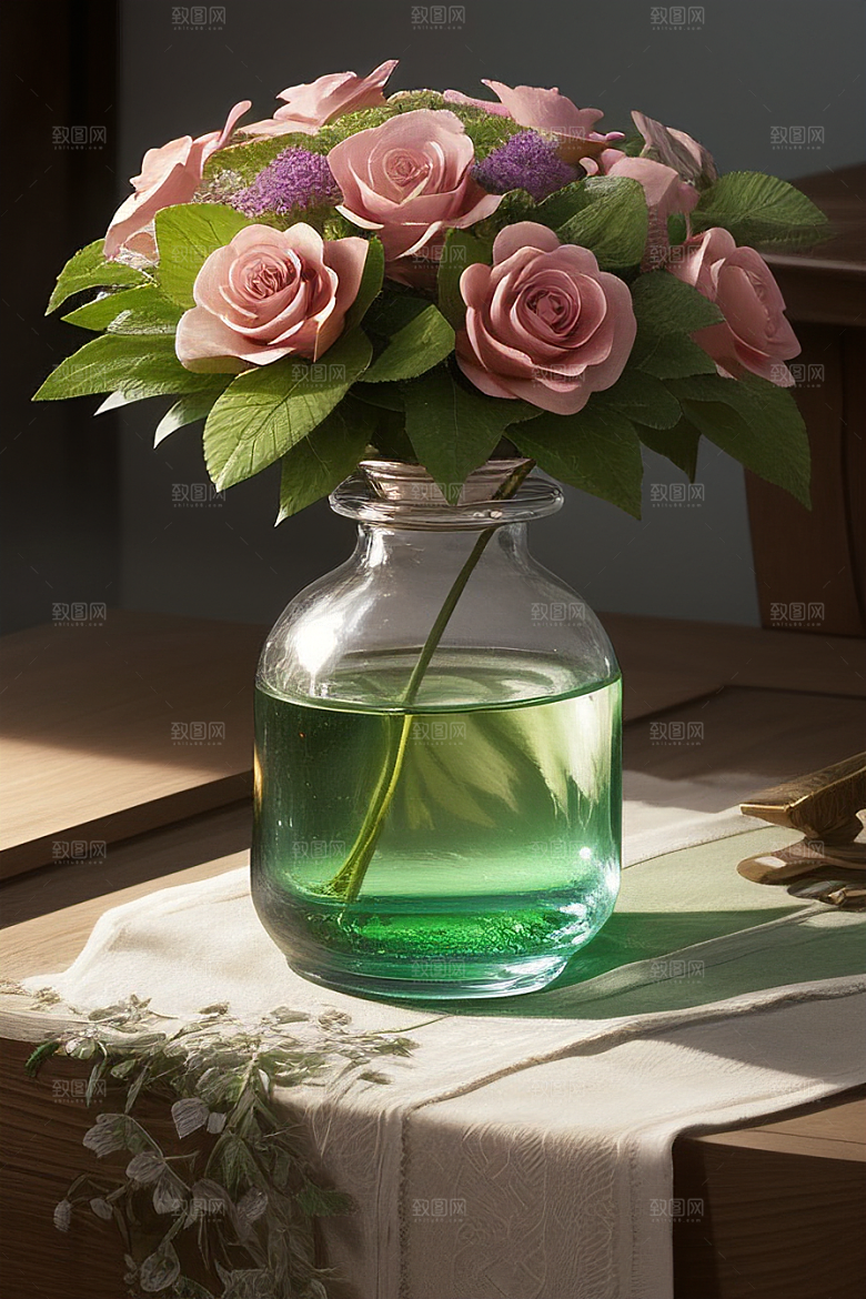 绿瓶插花优雅自然的融合
