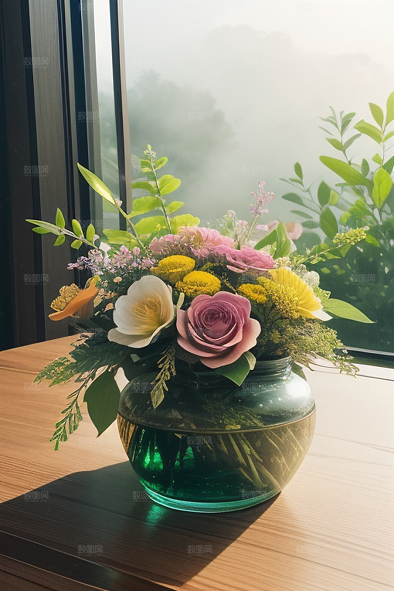 绿瓶插花自然之美的艺术诠释
