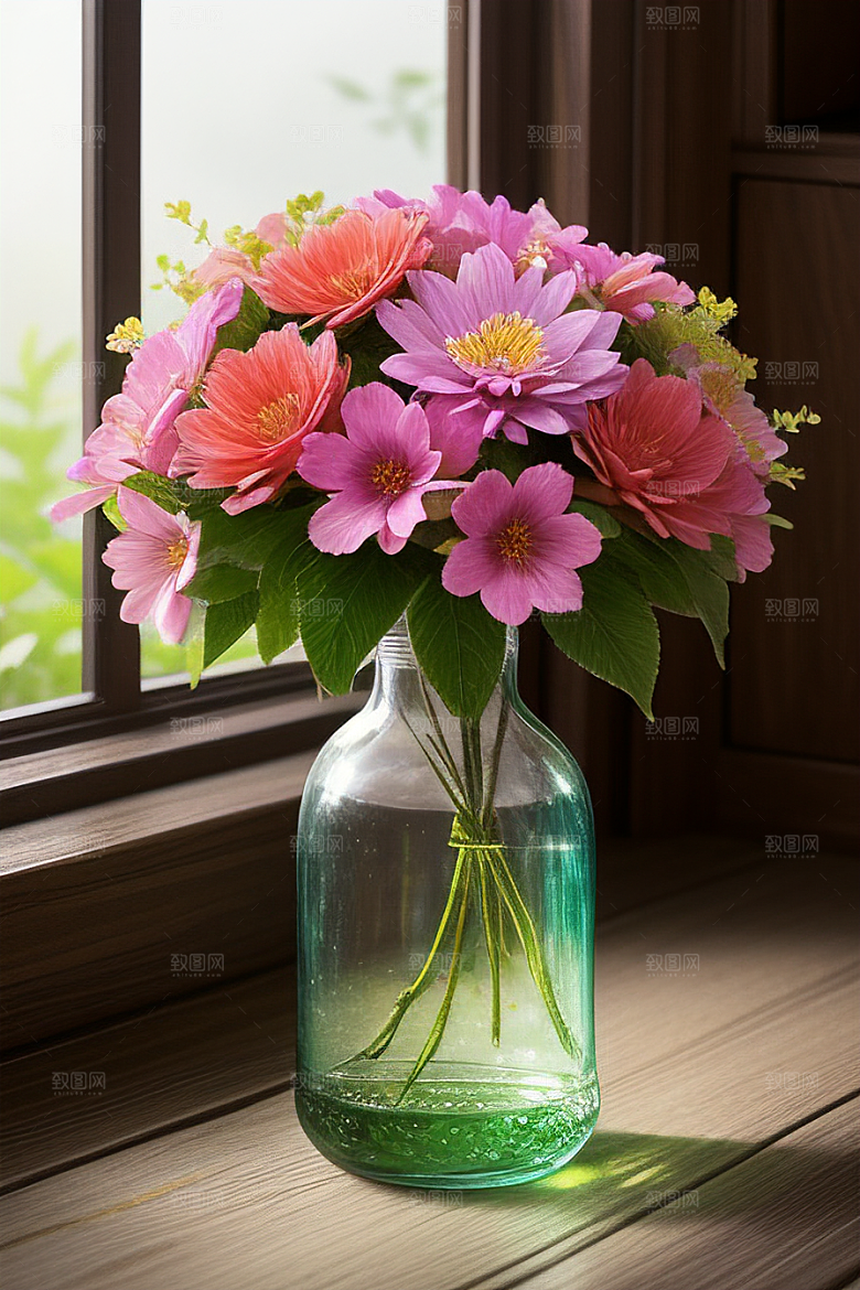 绿瓶插花自然之美的艺术诠释