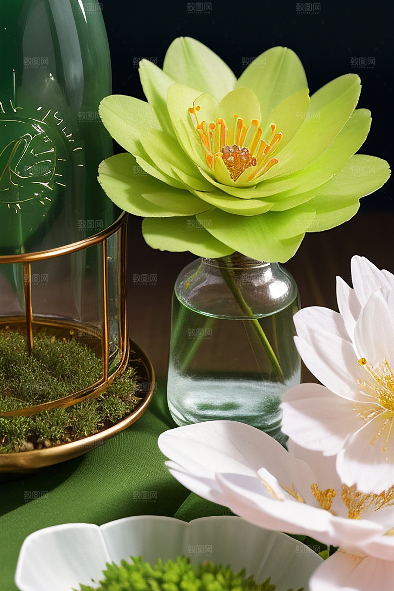 绿瓶插花自然与艺术的完美结合