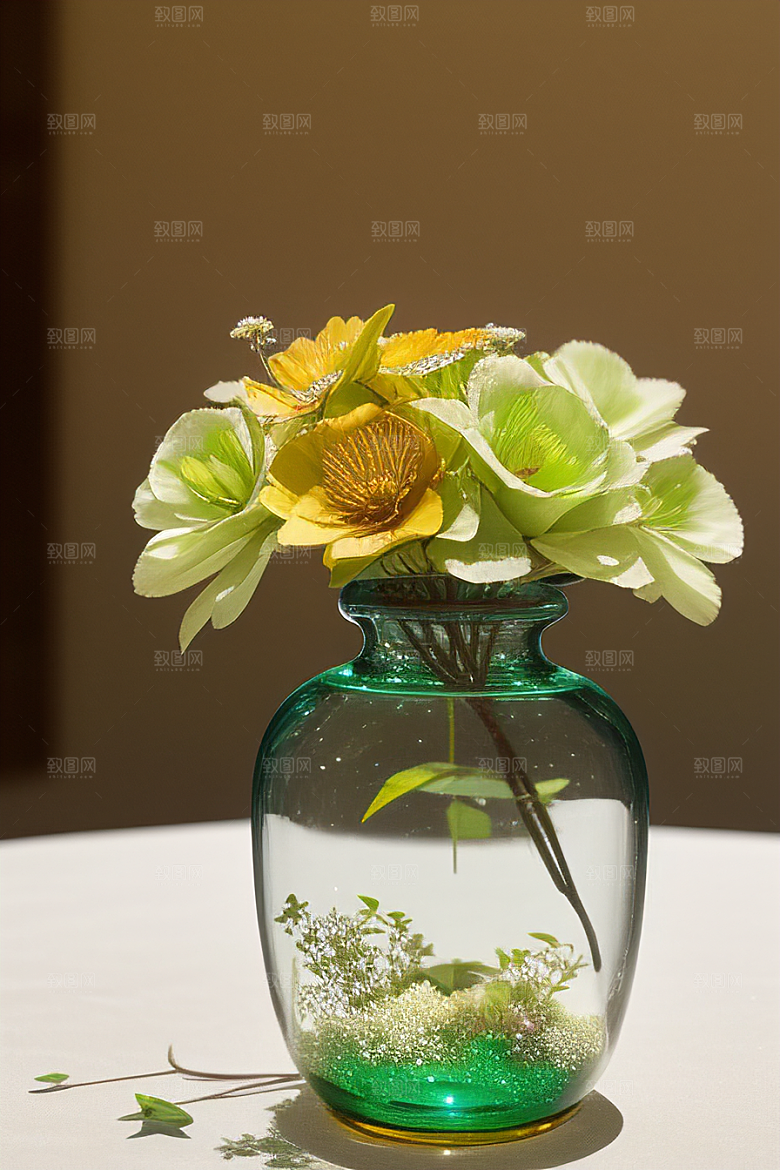 绿瓶插花自然与艺术的完美结合