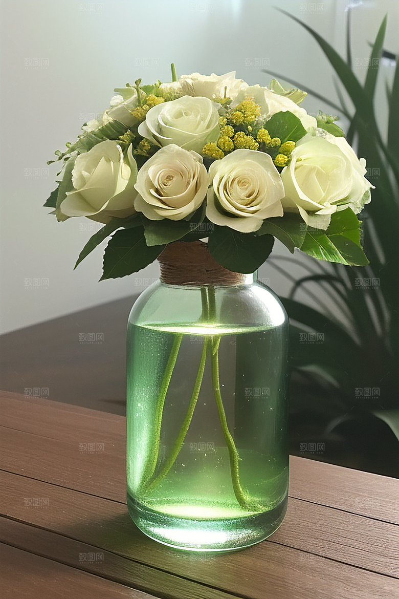 绿瓶插花自然与艺术的完美结合