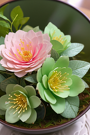 绿瓶插花优雅自然的融合