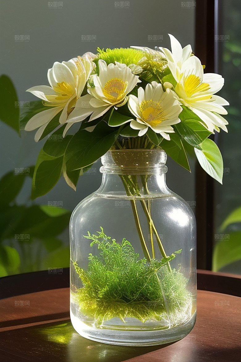 绿瓶插花优雅自然的融合