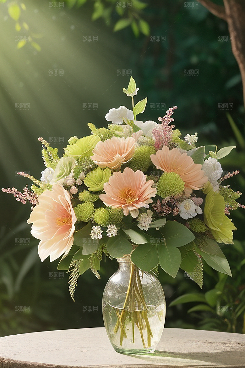 绿瓶插花优雅自然的融合