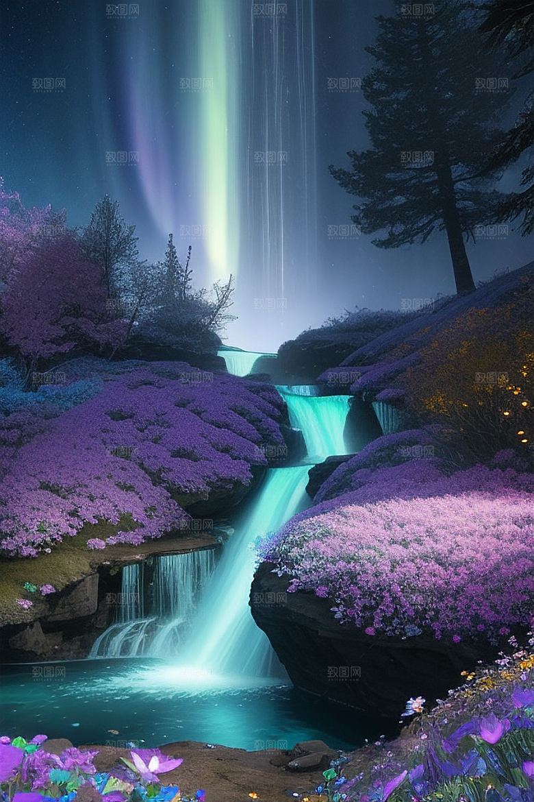璀璨夜空蓝花瀑布挂毯