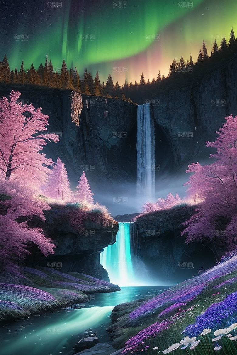璀璨夜空蓝花瀑布挂毯