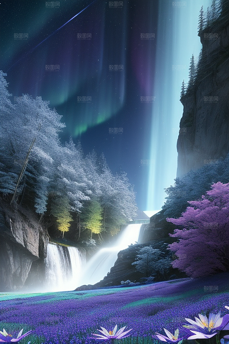 璀璨夜空蓝花瀑布挂毯