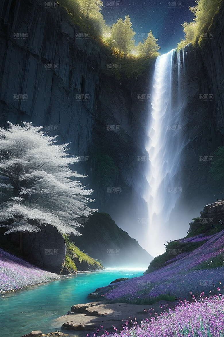 神奇景观蓝野花瀑布星极光