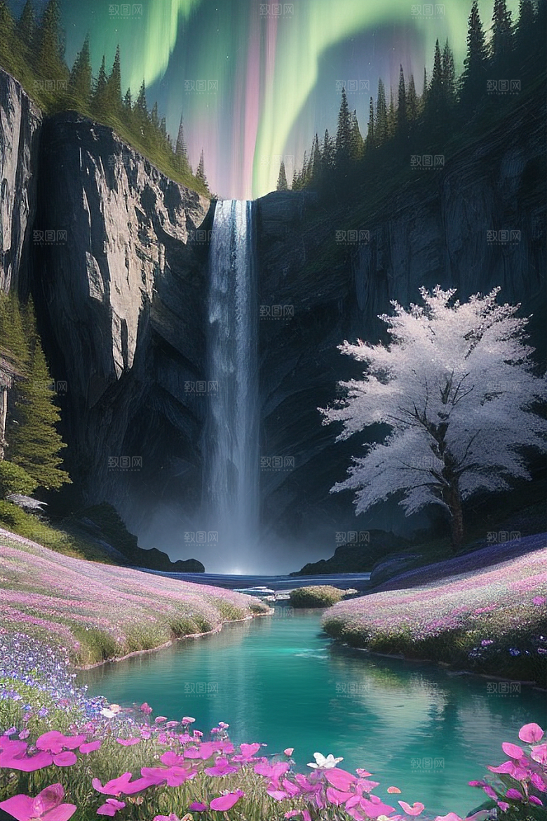 神奇景观蓝野花瀑布星极光