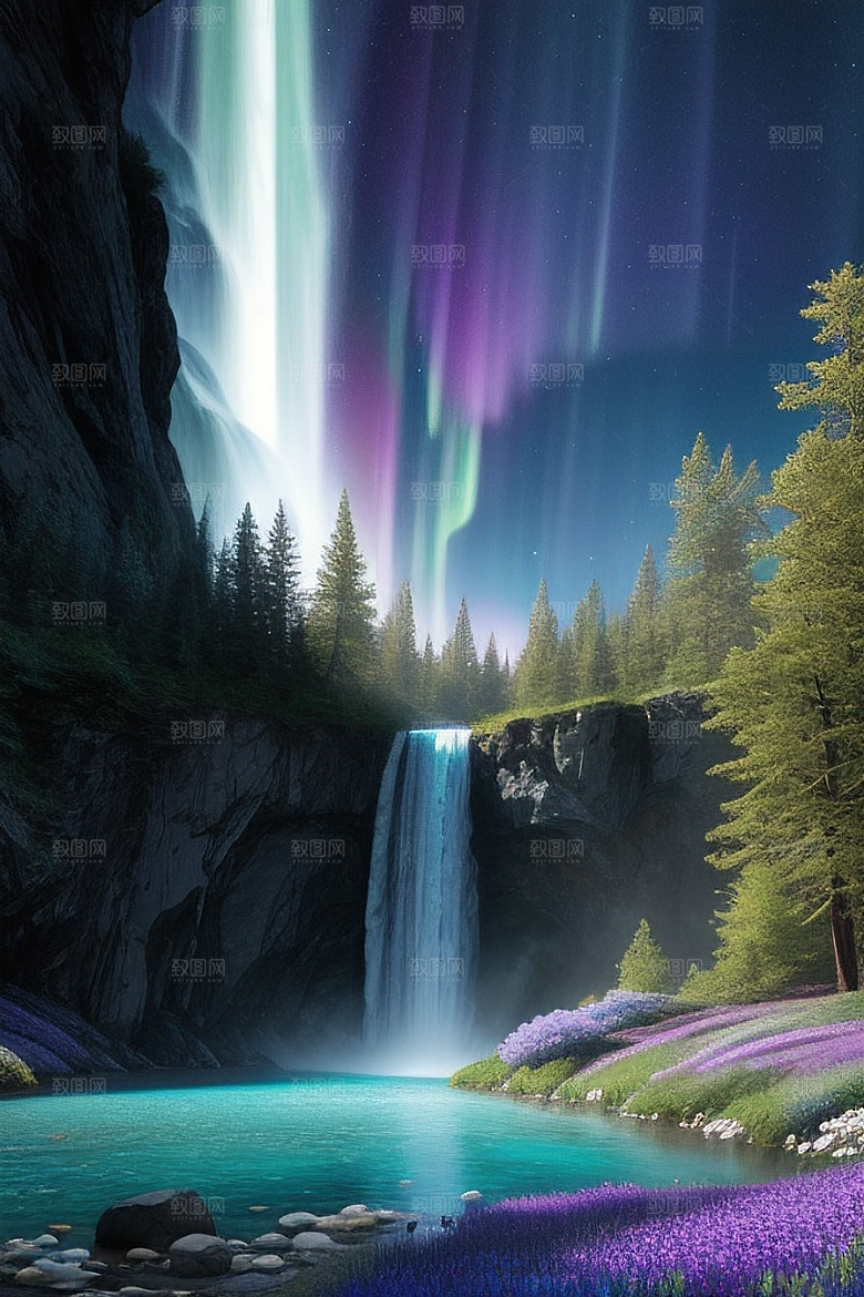 神奇景观蓝野花瀑布星极光