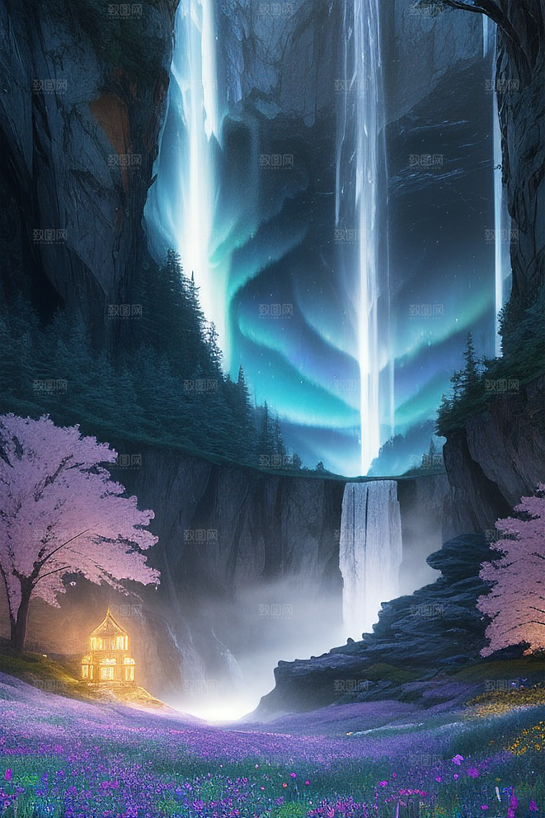 神奇景观蓝野花瀑布星极光