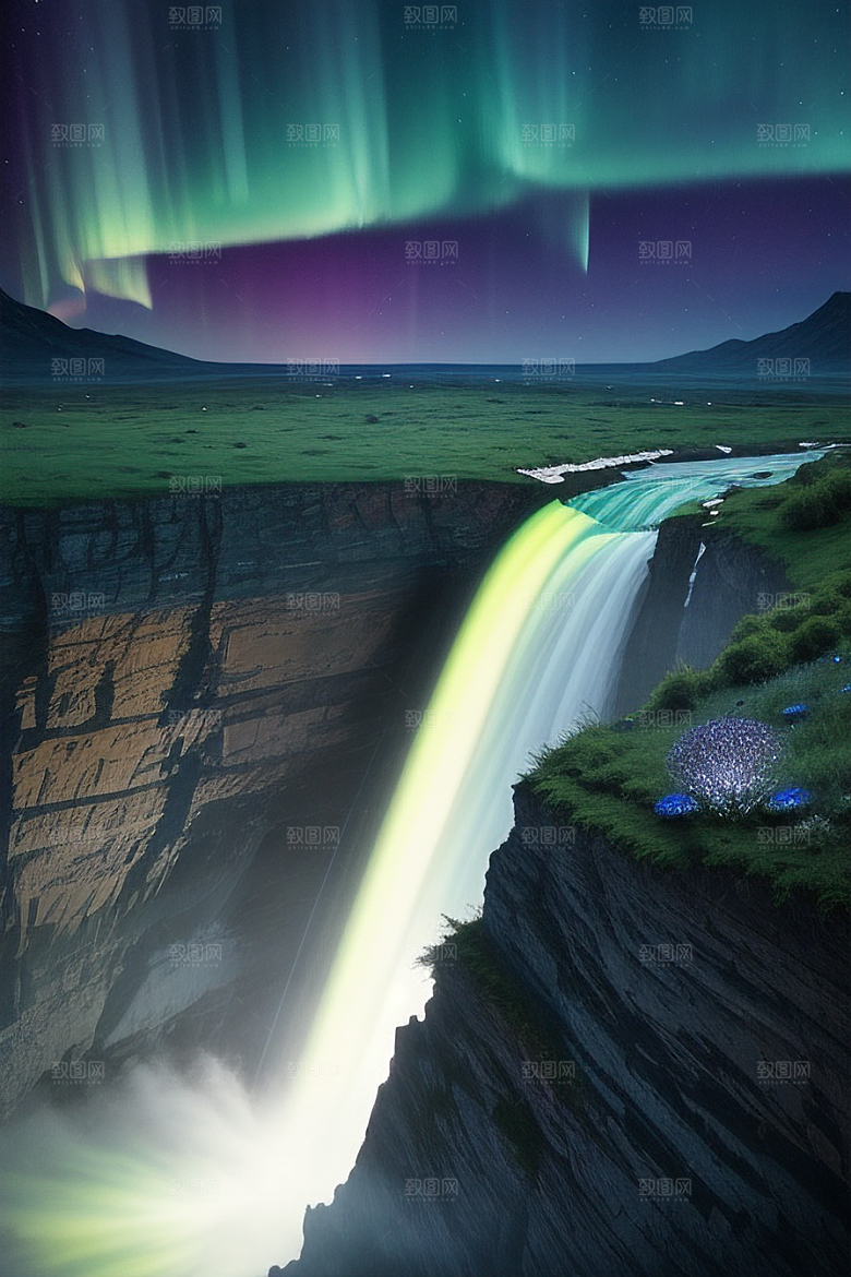 神奇景观蓝野花瀑布星极光