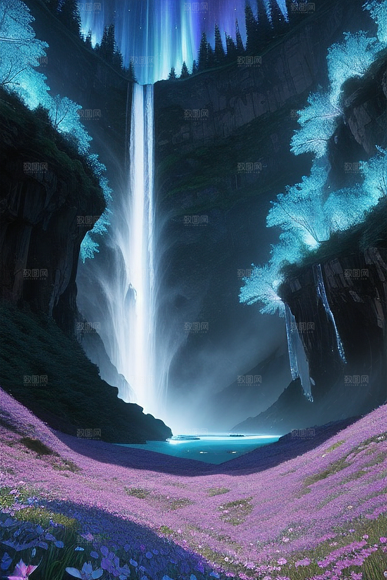 神奇景观蓝野花瀑布星极光
