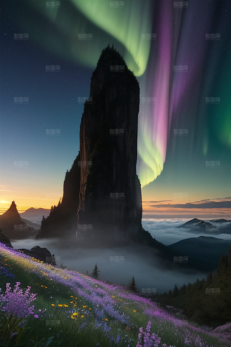 神奇景观蓝野花瀑布星极光