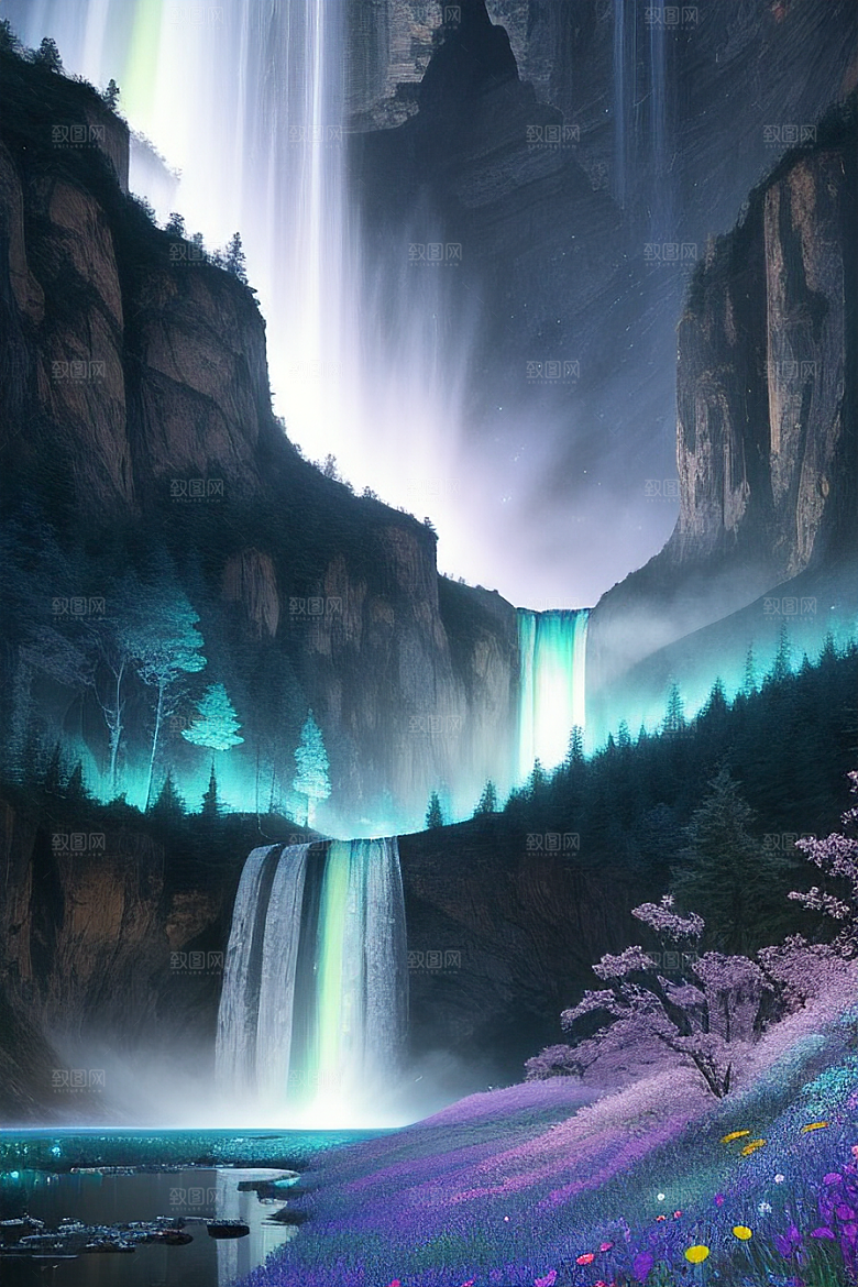 神奇景观蓝野花瀑布星极光