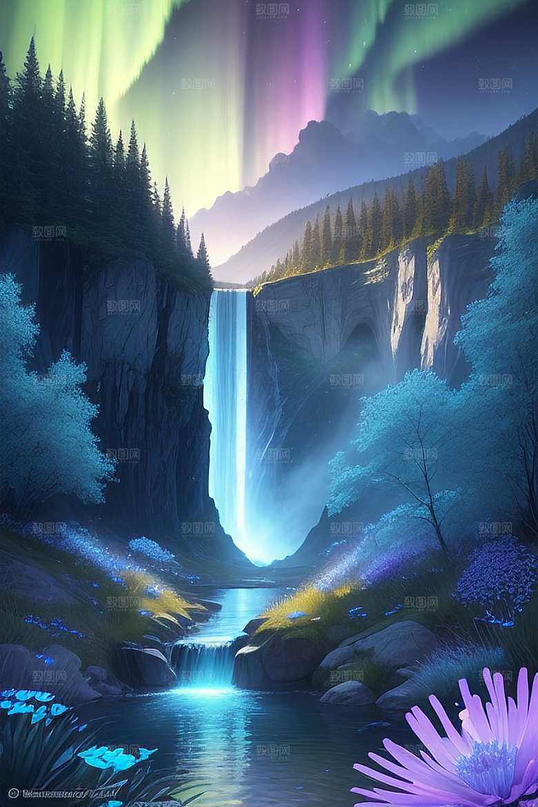 璀璨夜空蓝花瀑布挂毯