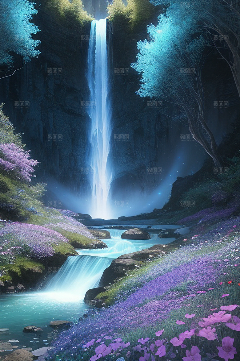 璀璨夜空蓝花瀑布挂毯