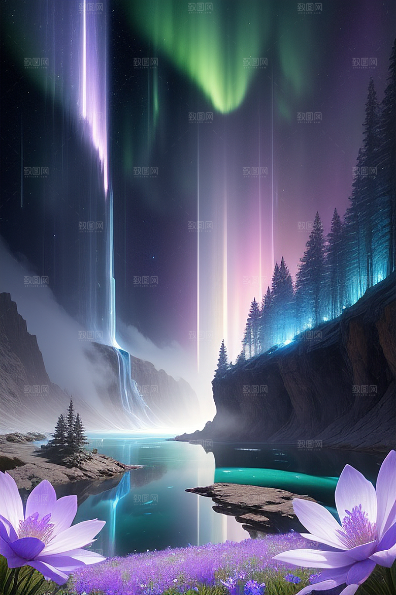 璀璨夜空蓝花瀑布挂毯