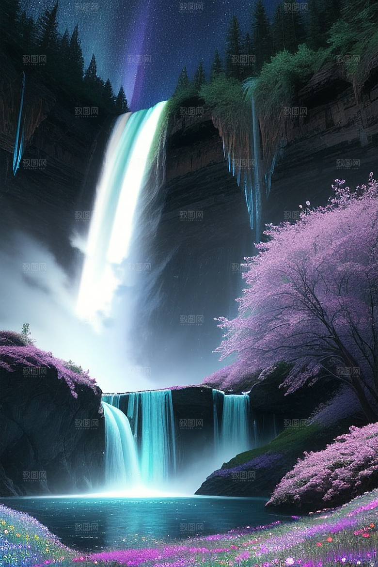 璀璨夜空蓝花瀑布挂毯